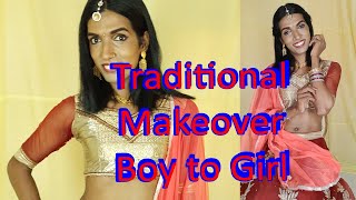 Boy to girl makeup transformation ,drag queen, crossdresser lehenga, jewels , bangles , nose ring