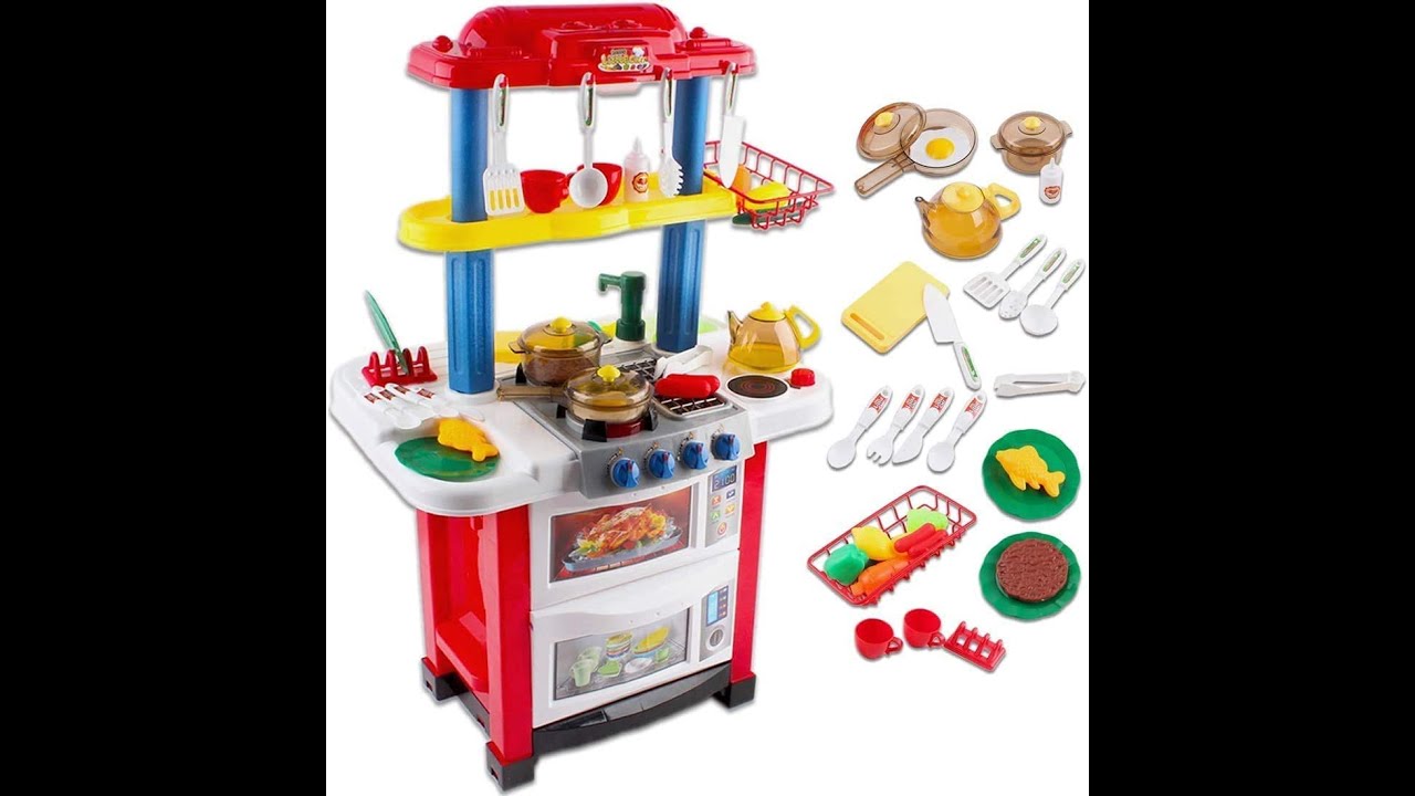 deAO My Happy Little Chef Kitchen 80 Pieces Pretend Play Set with  Multi-Functional Button Panel, Light, Sound, Real Steam Functions and  Colour