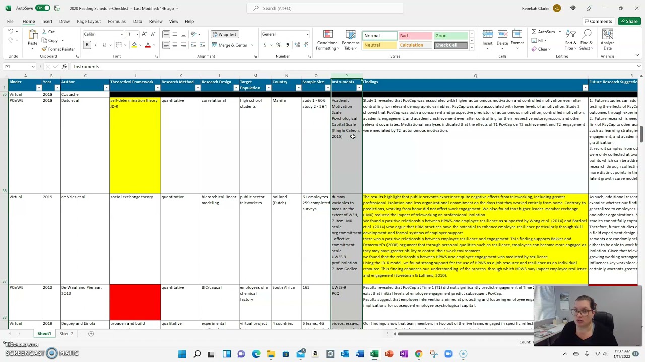 organizing literature review in excel