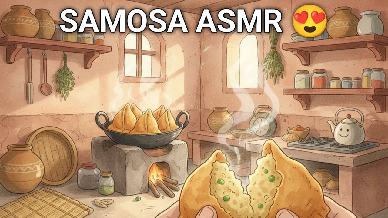 Ghibli Style Desi Samosa ASMR 😍 | Village Kitchen Cartoon Cooking | No Talking