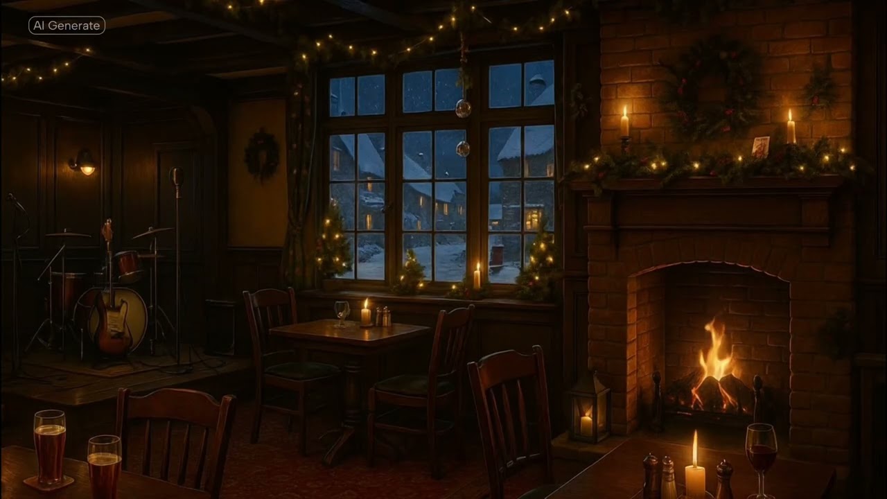 “British Pub Cozy Fireplace Ambience – Christmas Hearth & Snowy Village View” WITHOUT music