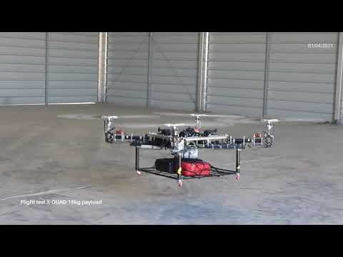 Flight Test X-QUAD prototype lifting 15kg of payload. - video from Drone Hopper