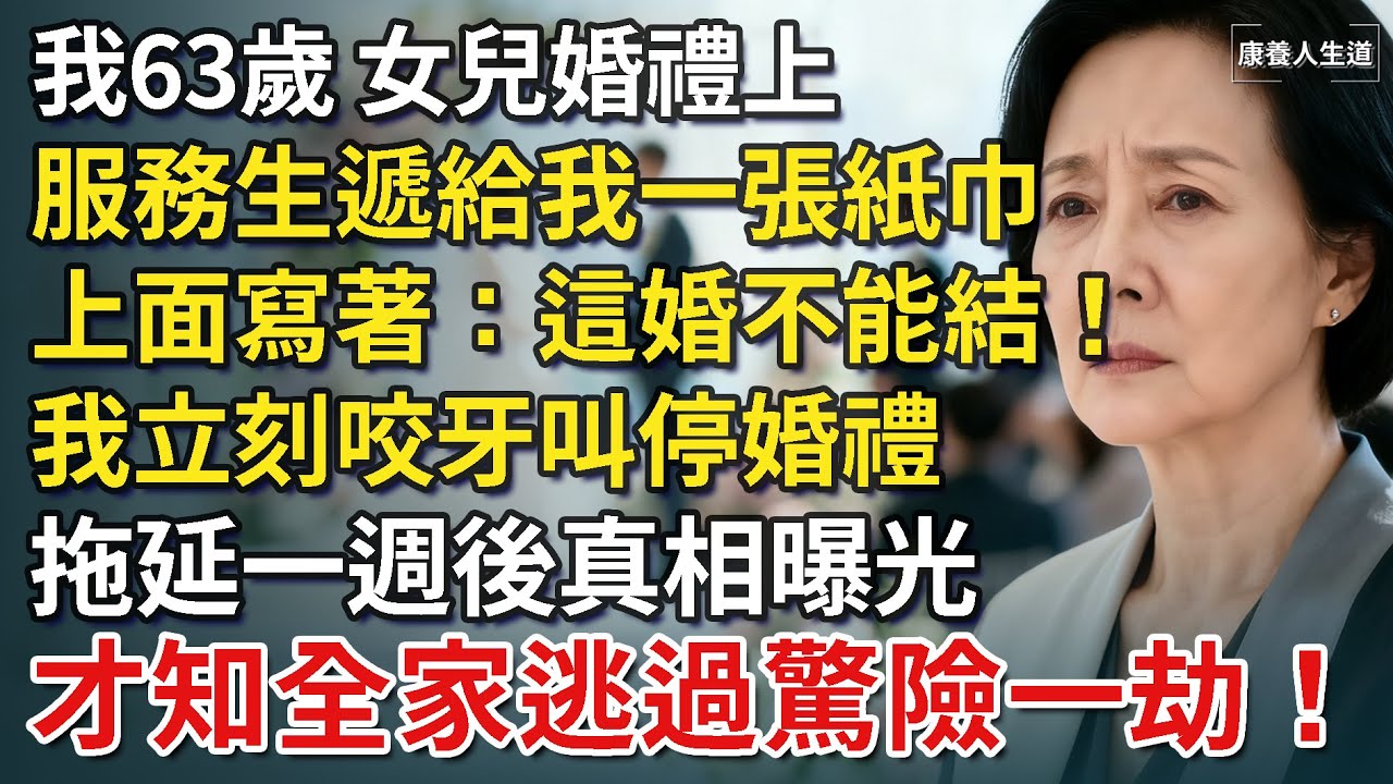 我63歲，女兒婚禮上，服務生遞給我一張紙巾，上面寫著：這婚不能結！我立刻咬牙叫停婚禮，拖延一週後真相曝光，才知全家逃過驚險一劫！​【康養人生道】 #康養人生道 #上了年紀該明白的事 #養老