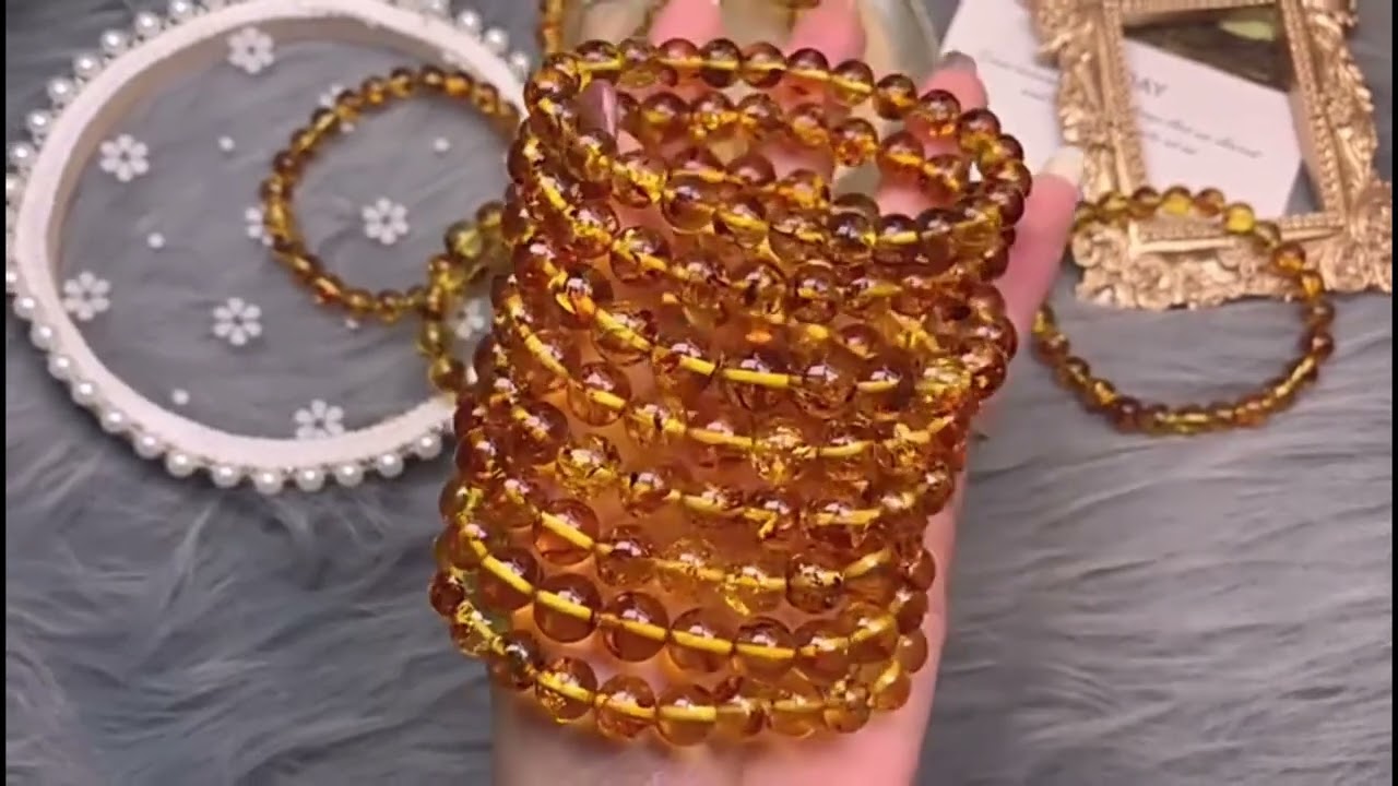 Piebald Yellow Amber Round Beads Bracelet A Vintage Party Gift Bracelet