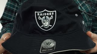 Buy this at
http://www.hatland.com/hats/raiders-kirby-bucket-black-twins-47-brand-25723/index.cfm
while in-stock: cotton twill bucket hat, black crown and br...