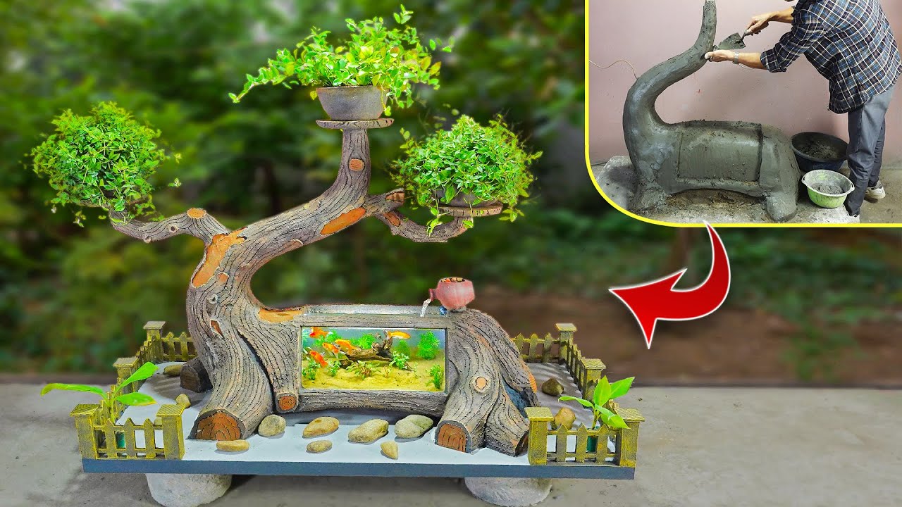 Creative cement ideas! DIY unique bonsai waterfall aquarium YouTube