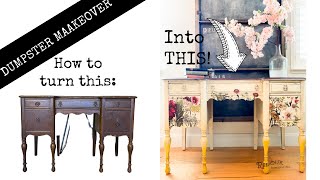 Dumpster Old Desk Makeover w/ IOD Transfer & DIY Paint - How to makeover & paint an old trashed desk