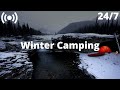 Winter Camping near Waterfall w/ Campfire | Flowing Water Sounds, Cold Wind & Crackling Fire Sounds