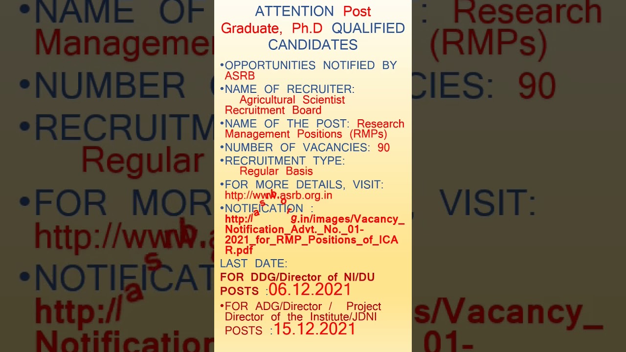 Agricultural Services Recruitment Board Central Government Jobs 2021