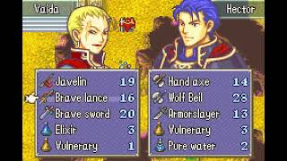 FE7 C30 Vaida in 6 Turns
Doesnt need a crit. Pretty much guaranteed because the only thing that can screw this up is if Vaida fails to kill the Thief on Turn 2 (which is 0.04% with the Brave Lance). Seems to be the best possible strategy if you recruit Harken (have the Brave Sword) and are giving him the Speedwings (for C29 and AS thresholds)
Hector has to have 11 Str to be able to ORKO the highest possible Hp/Def rolls on the Knights in his way which takes 4 strength levelups, so 9 levels (level 10). These are really unlikely so normally he can get by with like 1 strength proc. This is actually possible on 0% growths if the Knights arent too strong.
Hector can opt to Elixir on Turn 3 and doesnt need to finish the Mages to be able to run away from them. Vulneraries just save Pure Water uses on Vaida. FE7 C30 Vaida in 6 Turns