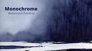 How to paint Monochrome Painting/Winter Landscape in one color/Easy Simple Tutorial/겨울 풍경화
