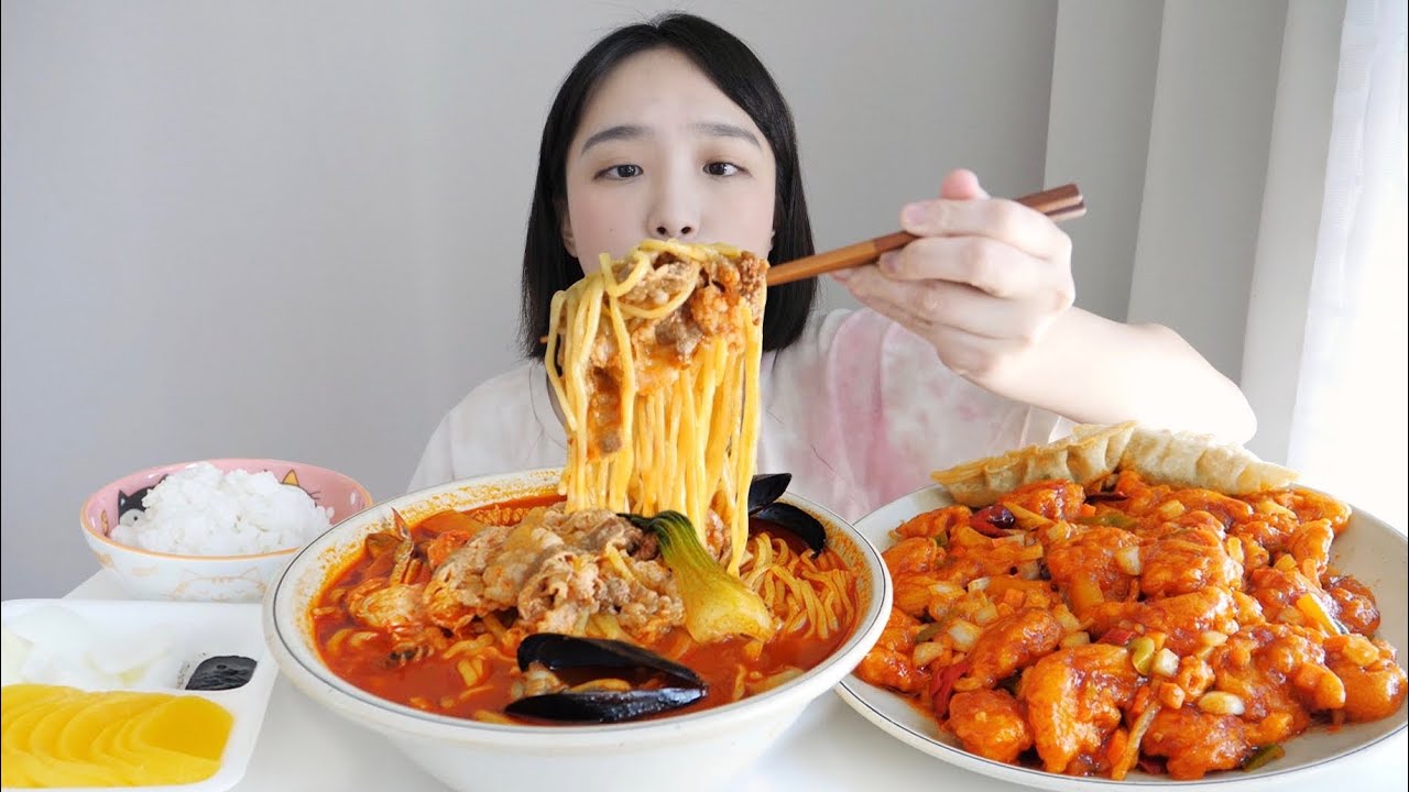 🔥매운 차돌짬뽕 먹방 _ 해장하는 날 사이드는 깐쇼새우 후식은 짬뽕 밥 :D