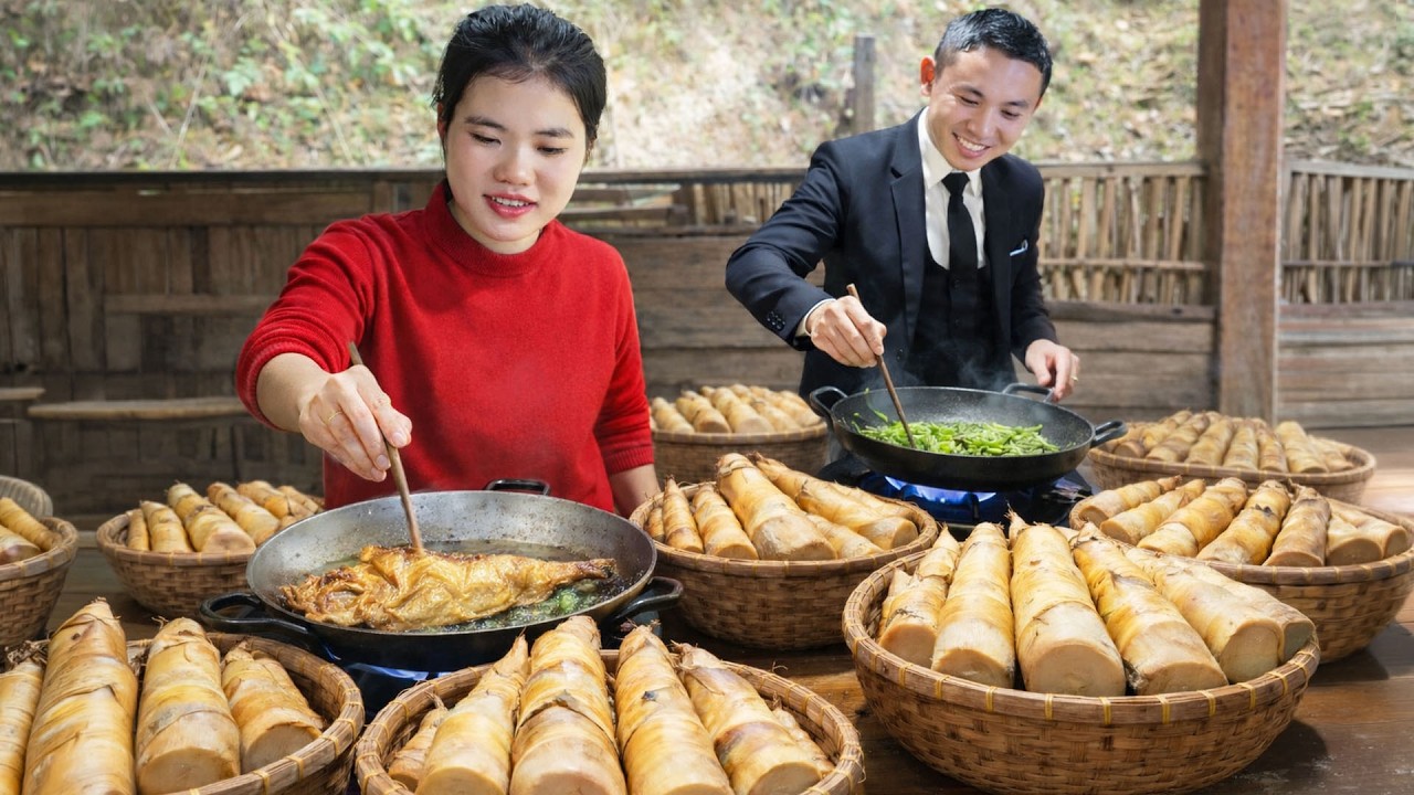 Harvesting giant bamboo shoots with my husband - cooking bamboo shoots for the family