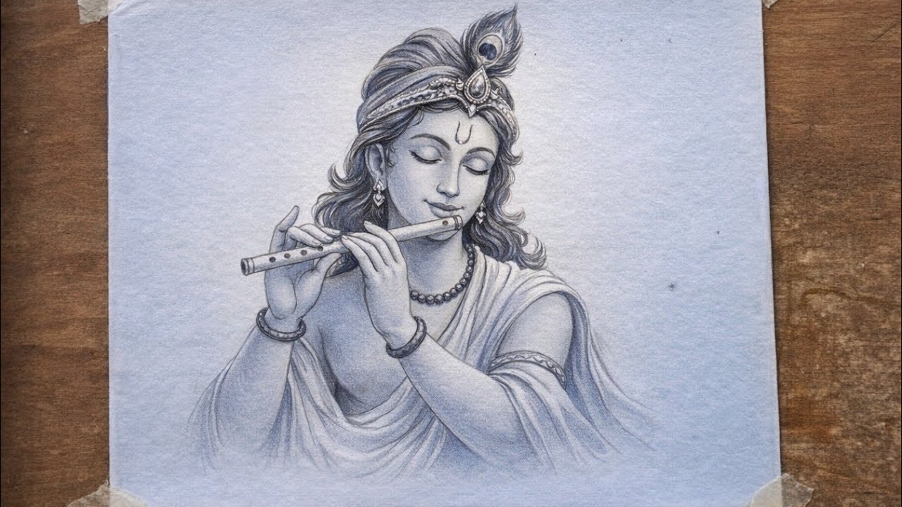 Lord Krishna Pencil Sketch | Flute Playing Krishna Drawing | Easy Pencil Art 
