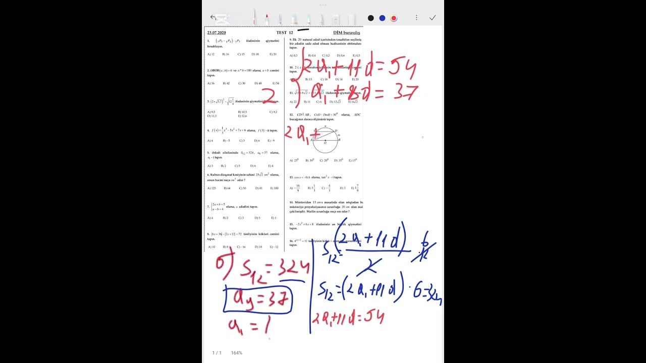 23.07.2020 Buraxılış imtahanı Riyaziyyat sualları.