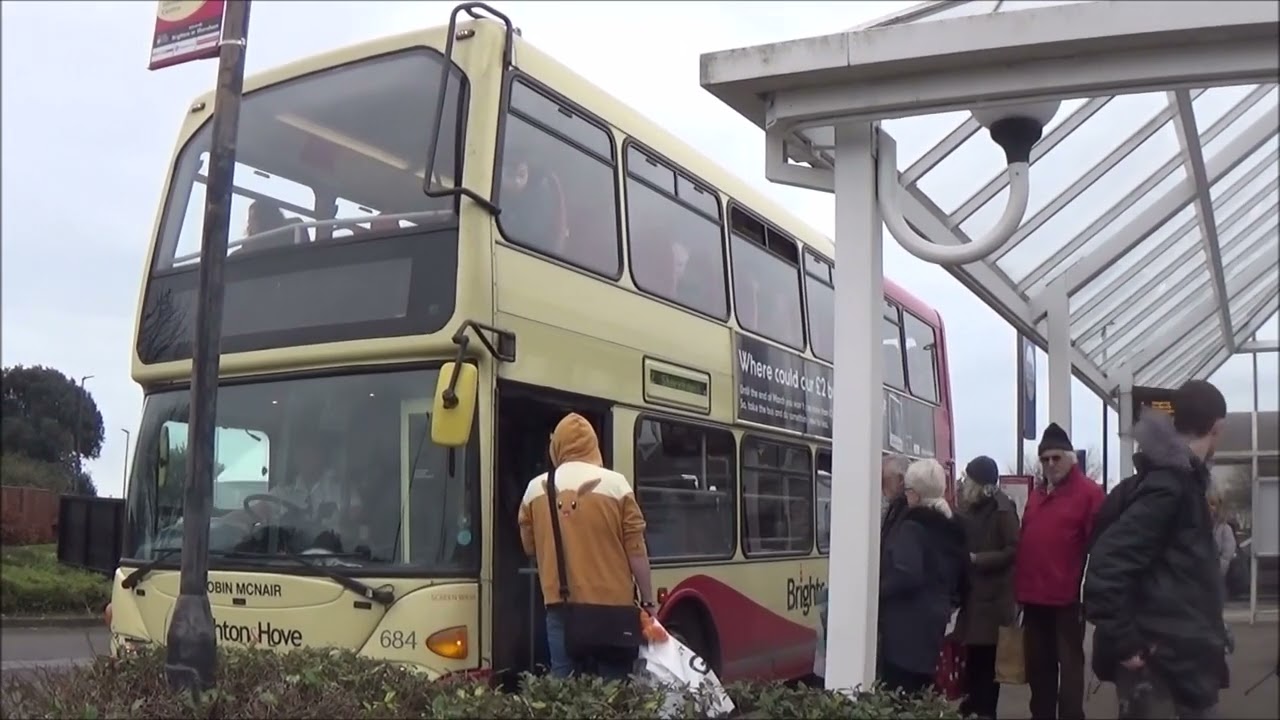 Buses at Shoreham Holmbush Centre in West Sussex, 11th February 2023