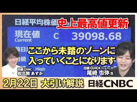 【日経平均株価・史上最高値更新も「好景気を感じず、日銀の金融政策次第で株バブル弾けることにも」】米エヌビディア好決算により半導体関連株高／ホンダ(7267)／日立(6501)／大引け解説(2/22木)
