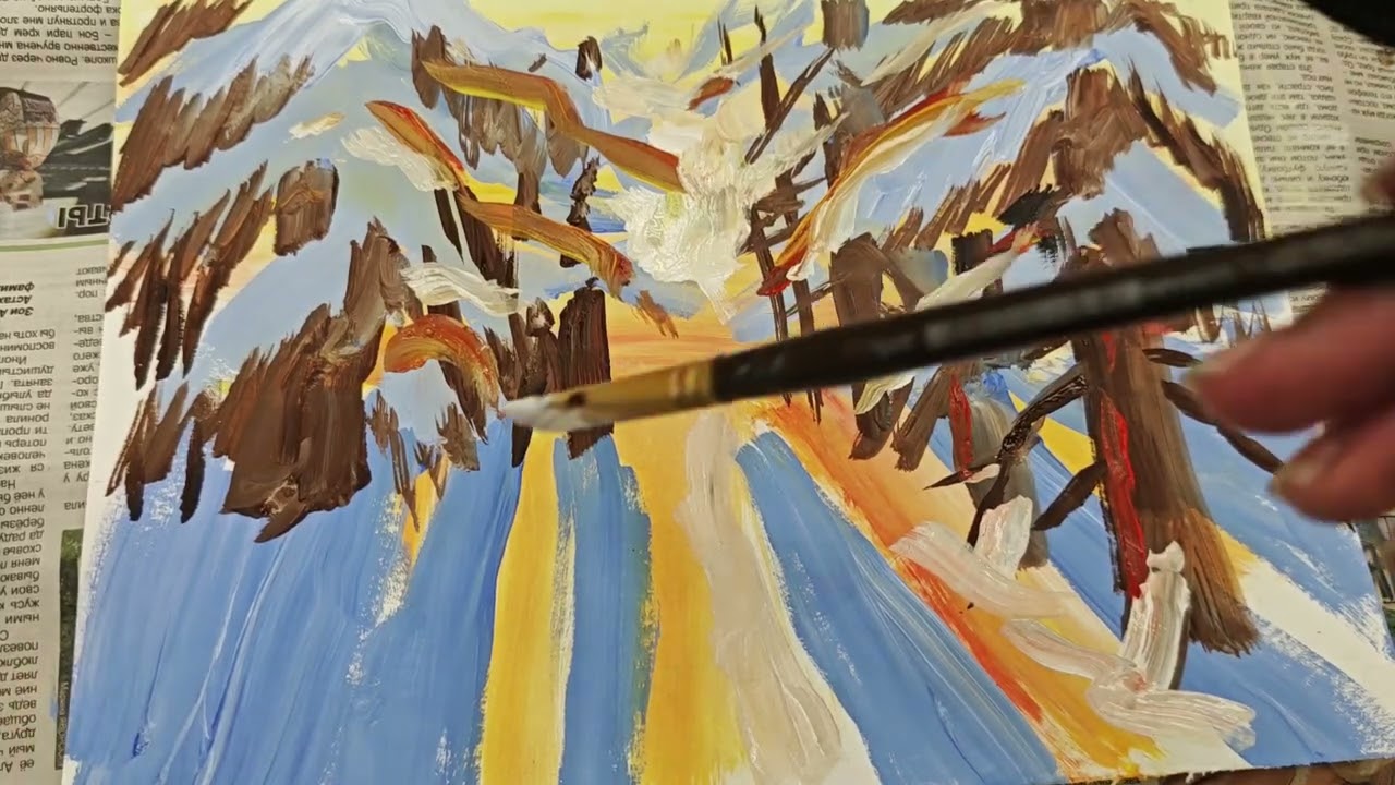 Рисуем вместе новогодний пейзаж со снеговиком