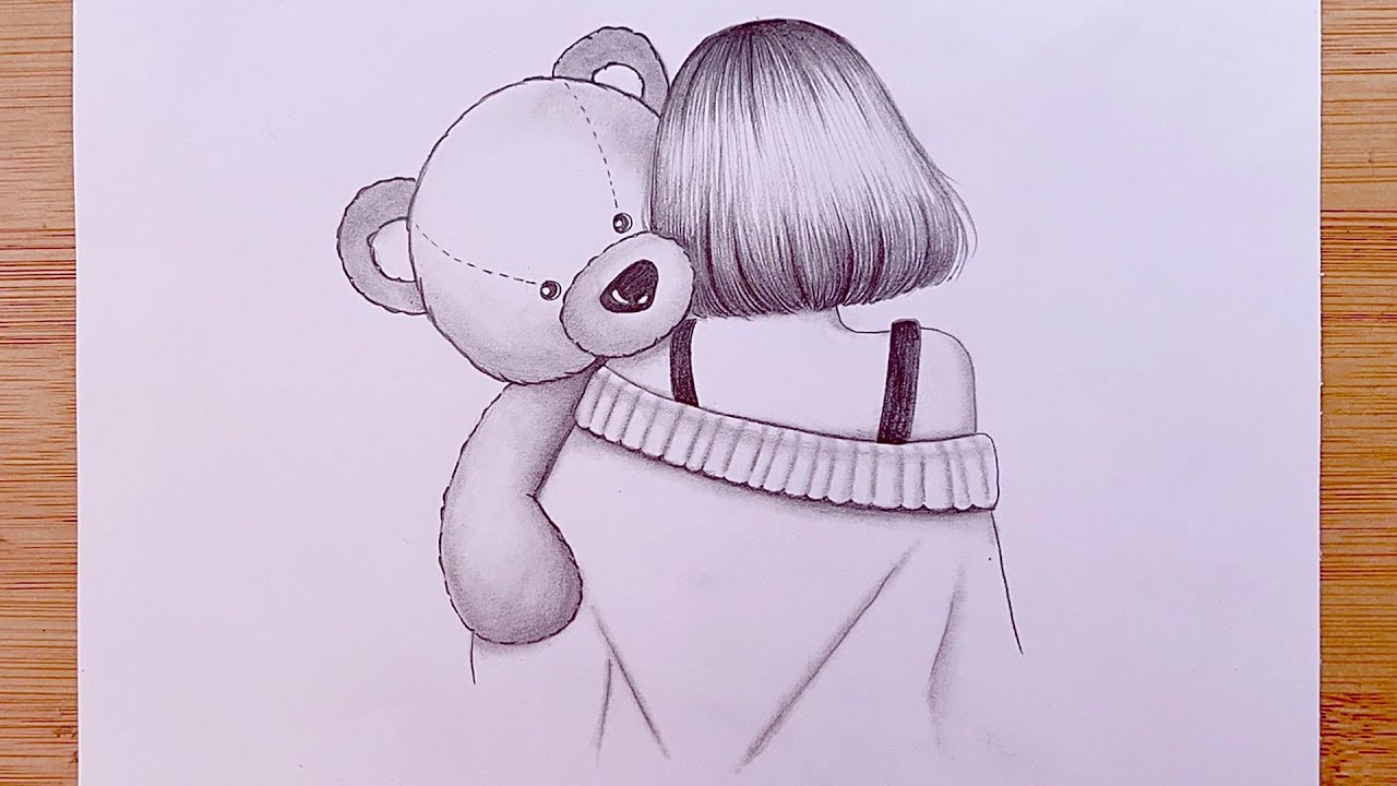 ⁣Easy way to draw A girl holding a teddy bear - step by step || Pencil Sketch for beginners