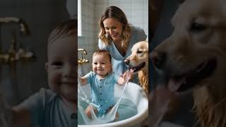 "Joyful Baby Bath Time with Mom and Golden Retriever: A Heartwarming Family Moment"