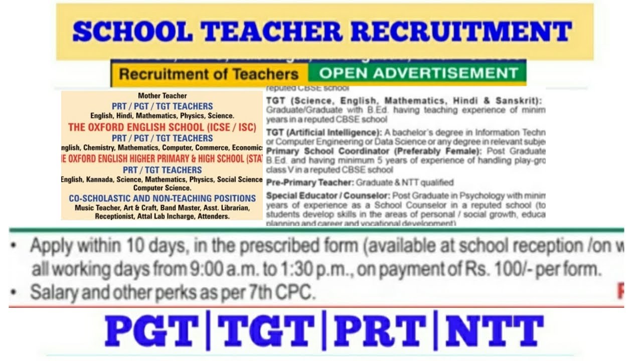 SCHOOL TEACHERS RECRUITMENT 2023PGT TGT PRT Other postsCTETSTET not