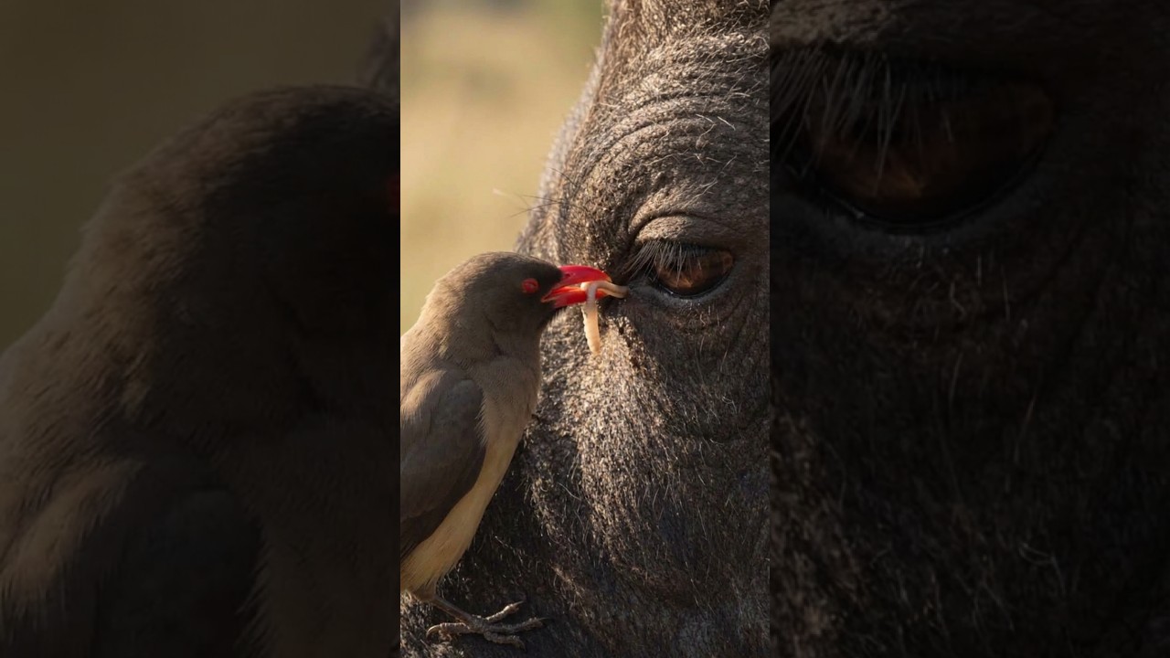 Oxpecker Pulls a Parasite From an African Buffalo’s Eye! 😳 #Wildlife #Shorts #wildlife#oxpecker