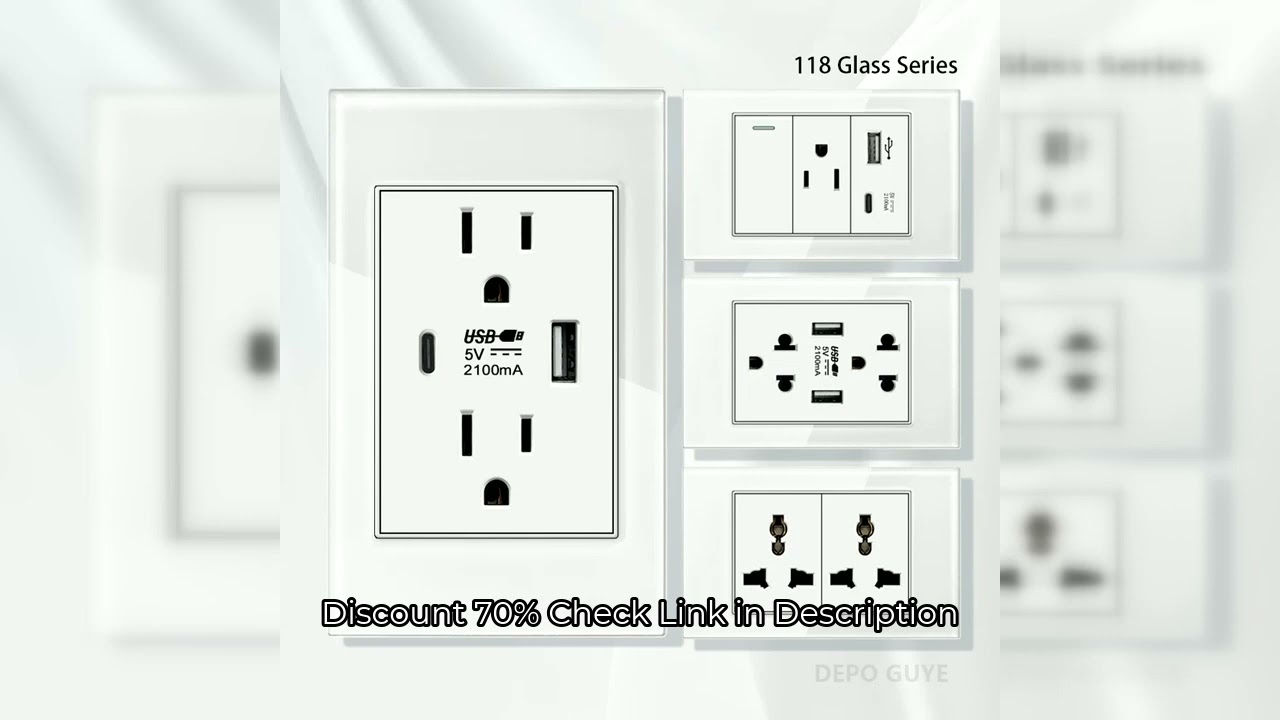 US Wall Switch Power Socket with USB Type-c Quick Charger,American Mexico White Tempered Glass Plug