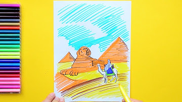 How to draw Great Sphinx and Pyramids, Egypt