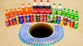 Bottle Coca Cola, Fanta, Sprite, Pepsi, Mirinda, 7up and Many Other Sodas vs Mentos Big Underground