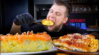 СУПЕР КРАБОВЫЙ САЛАТ, ЛАПША С МОРЕПРОДУКТАМИ, ASMR MUKBANG, АСМР МУКБАНГ, 먹방, 大食い, たべる, 谢尔盖