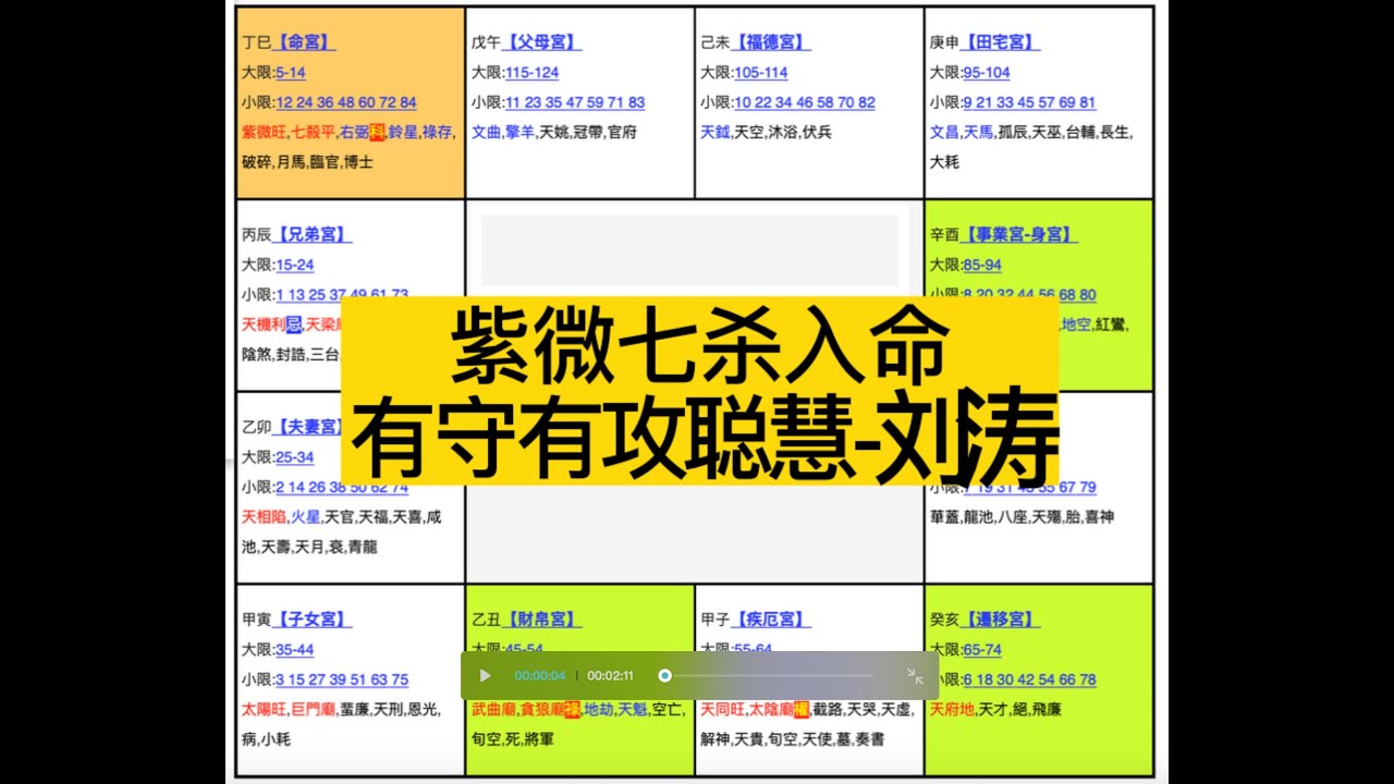 紫微斗数案例分析分享紫微七杀入命右弼化科有守有攻聪慧 刘涛财帛宫武曲贪狼天魁田宅宫文昌天马