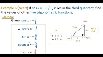 Tips |Trigonometric functions|| If cosx=–3/5 , x lies in  third quadrant, find values of other five