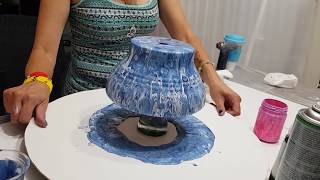Double pour acrylic flow art blues terracotta pot silicone added half way through