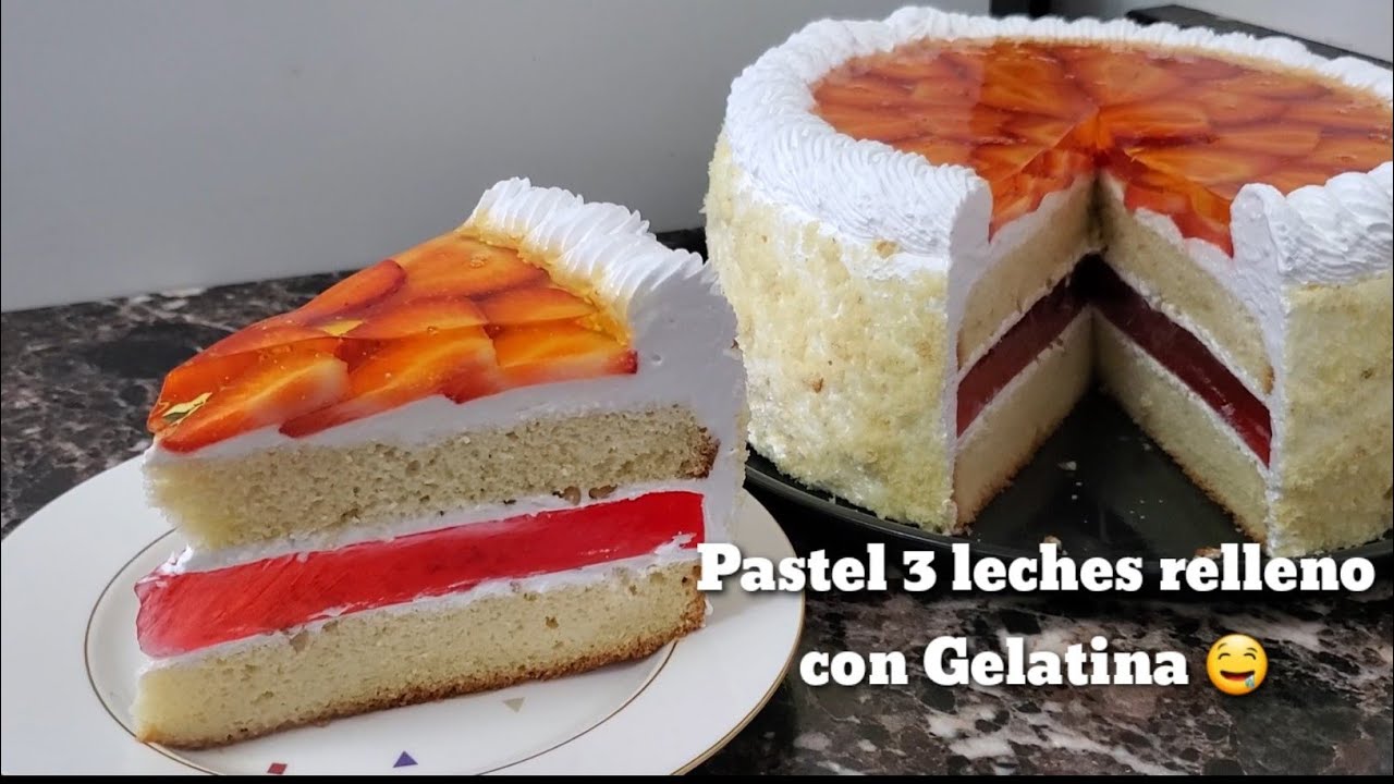 Pastel tres leches relleno con Gelatina de fresa/incluye receta pan esponja
