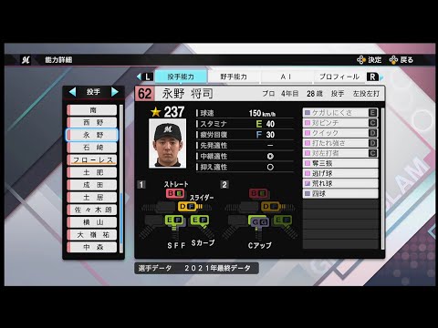 【プロスピ2021選手能力 / NPB PLAYER′S DATE】ロッテ 62 永野将司選手  MARINES Shoji Nagano