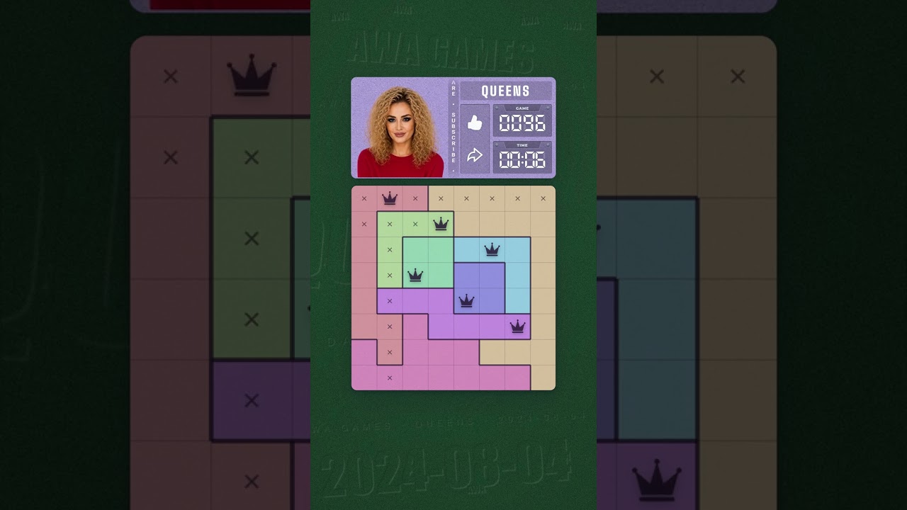 LinkedIn Queens #96 solved board for August 4, 2024, 8x8 grid