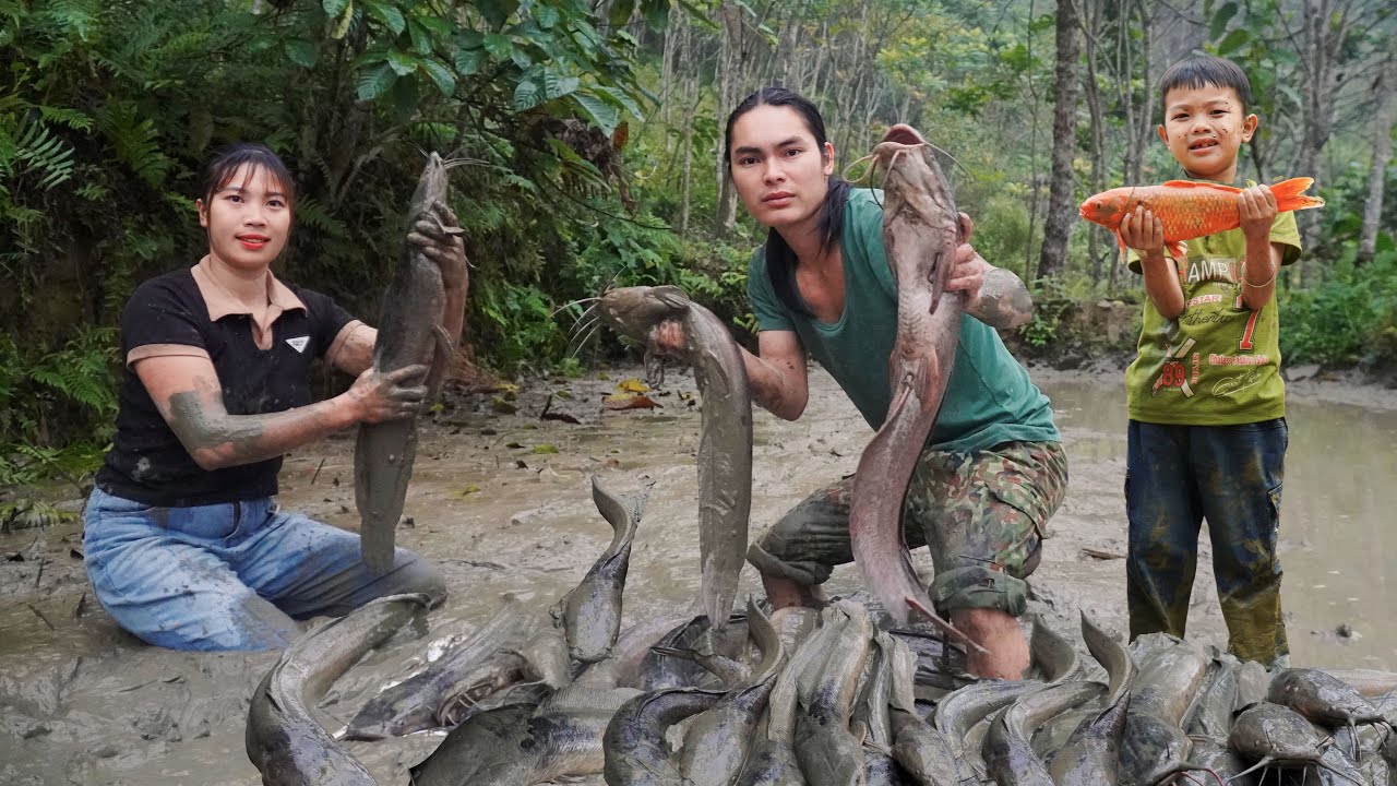 Harvesting catfish, the process of making smoked fish, preserving Tet