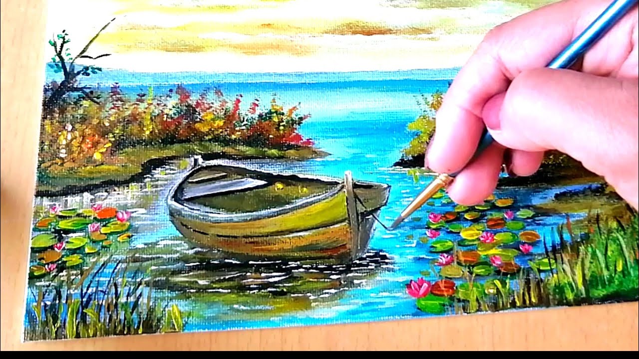 Acrylic Painting / Boat and lotus pond waterscape scenery 🚤 #art #newvideo #drawing #diy #how