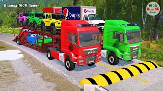 Double Flatbed Trailer Truck vs speed bumps|Busses vs speed bumps|Beamng Drive|645