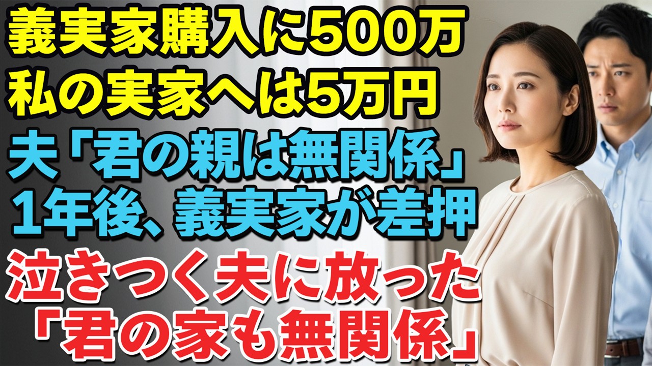 義実家購入に500万円出した私に、実家購入は5万円だけの夫。「君の母の家は俺と無関係」1年後、義実家が差押えで「助けて」――私は同じ言葉を返した…