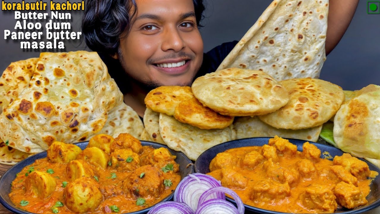 EATING KACHORI/LUCHI WITH SPICY DUM ALOO🥵&PANNER BUTTER MASLA WITH BUTTER NUN|SPICY EATING SHOW|