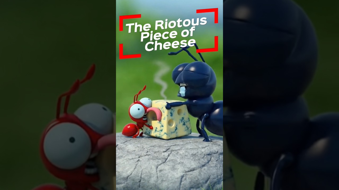 Funny Cartoon: Red Ant and Black Ant Fighting Over a Piece of Cheese