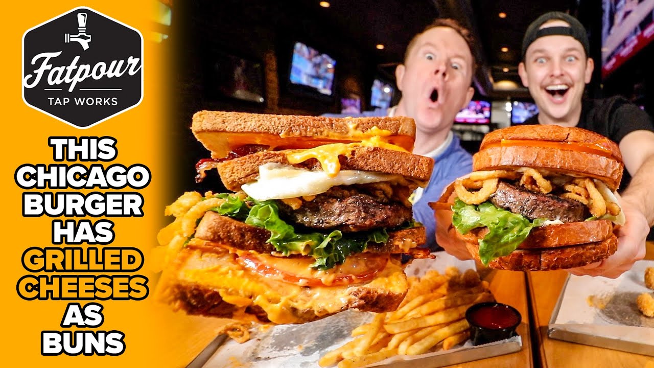 Eating The Fatpour Burger With Grilled Cheese Sandwiches As Buns | Fatpour Tap Works in Chicago 🤯🍔