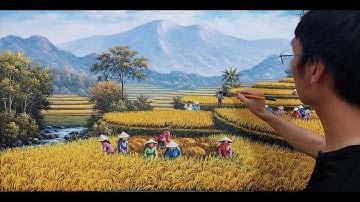 Cách vẽ lúa đẹp / Tranh phong cảnh lúa chín vàng vùng cao / Tranh sơn dầu A Lử.