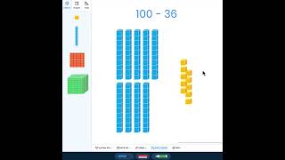 Modeling 100 - 36 with four different manipulatives