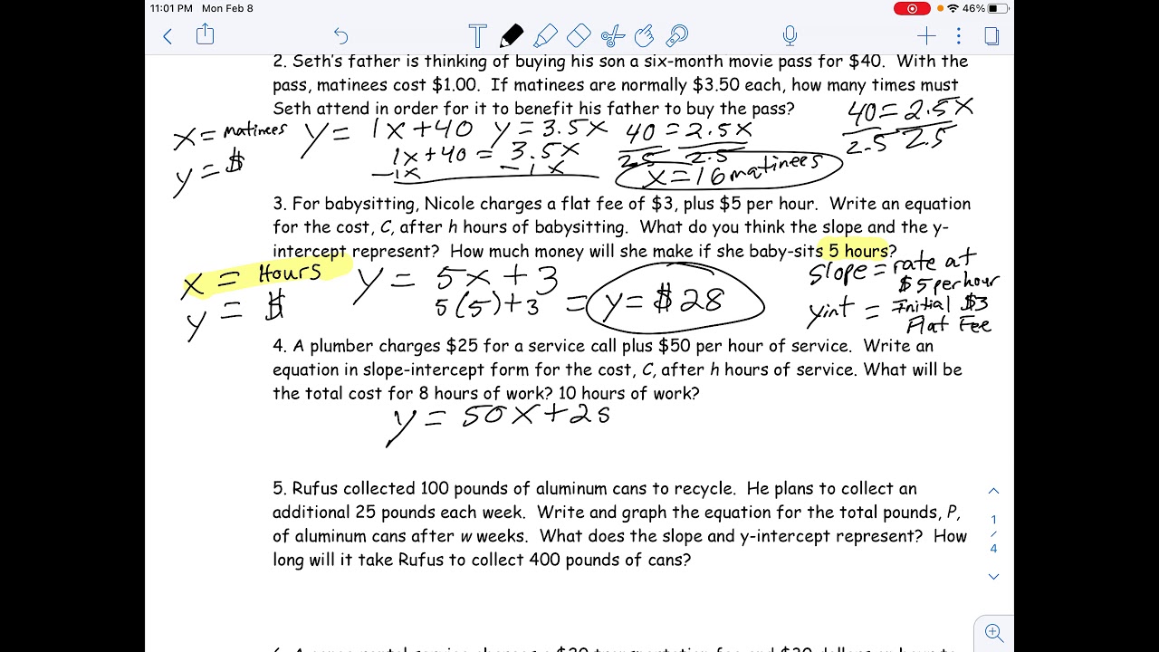 Y Mx B Word Problems Answer Key Pdf