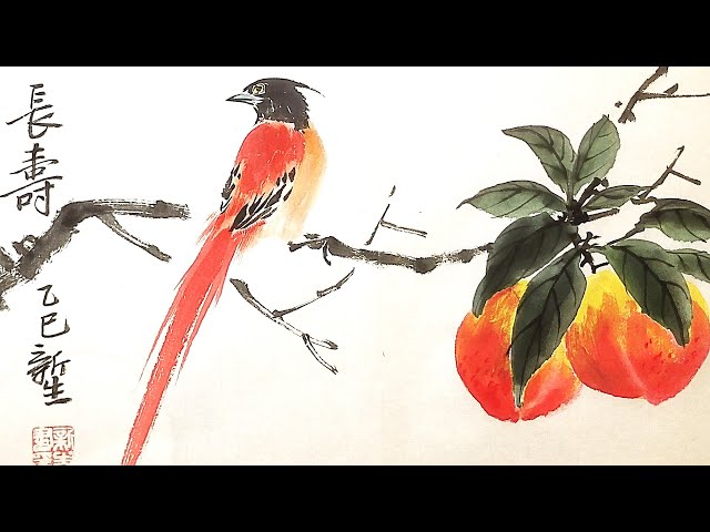 國畫長壽圖——綬帶鳥與壽桃Chinese Painting of Longevity – Paradise