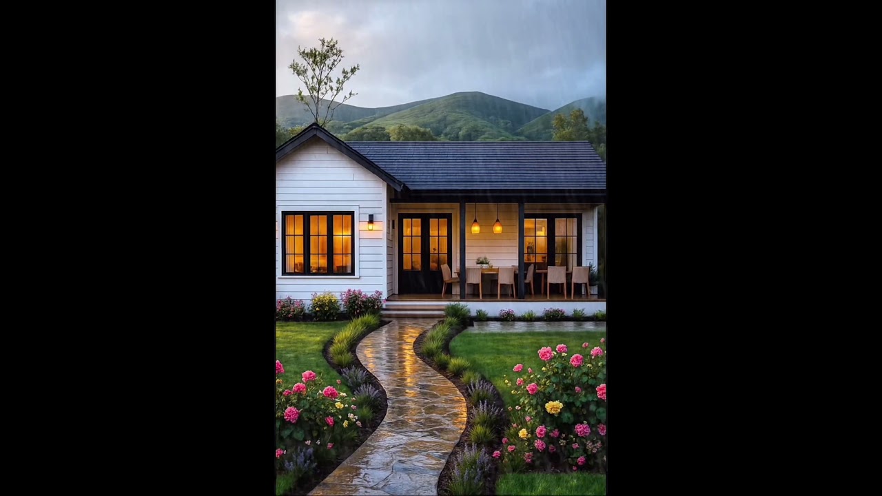 Cozy White Wooden House in the Rain 🌧️✨ | Peaceful Rainfall & Warm Lights Aesthetic