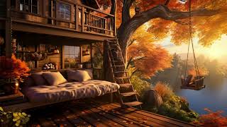 Autumn Cozy Porch in Forest by the Lake Ambience with Falling Leaves, Birdsound & Water Waves Sounds