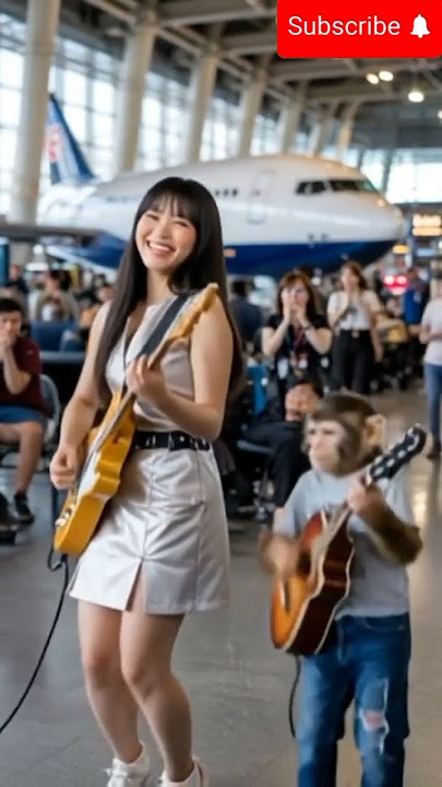 Gadis cantik dan monyet bermain gitar dengan gembira di bandara Rusia#shorts#fyp#viral#trending#music